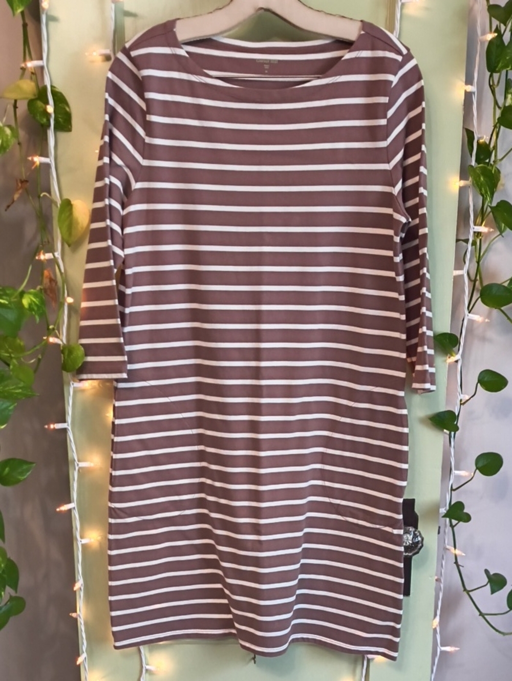 Women's Garnet Hill Taupe Brown Mocha White Striped Hip Pocket Shirt Dress 8